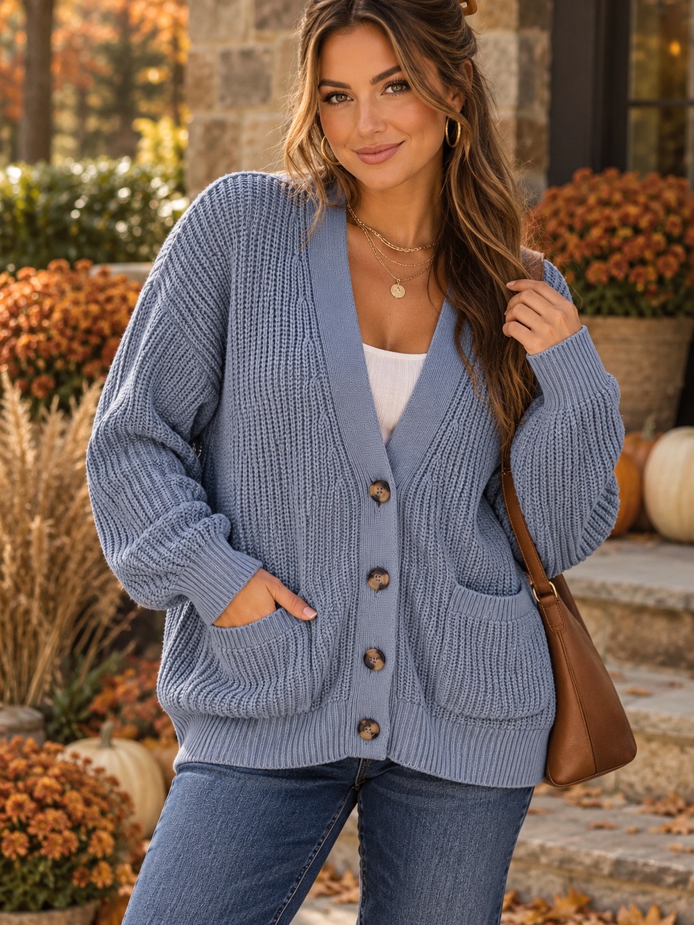 GAP Dusty Blue Button-Up Chunky Knit Cardigan- Large